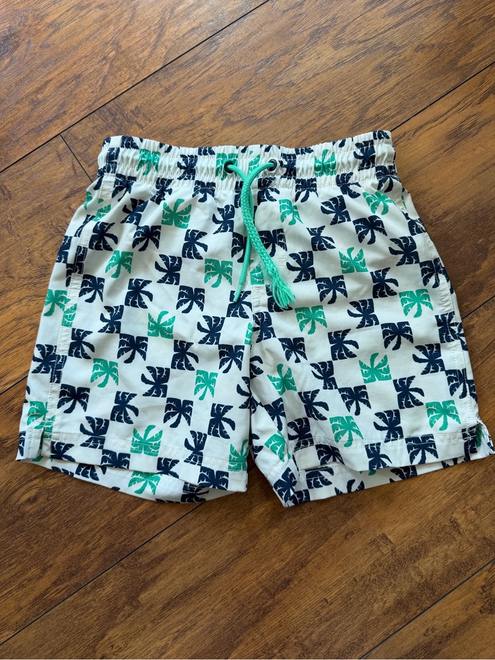 Old Navy White Swim Trunks with Green & Navy Palm Pattern